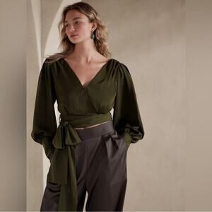 NWT Banana Republic Cropped Wrap Blouse Green Satin Belted Size 8